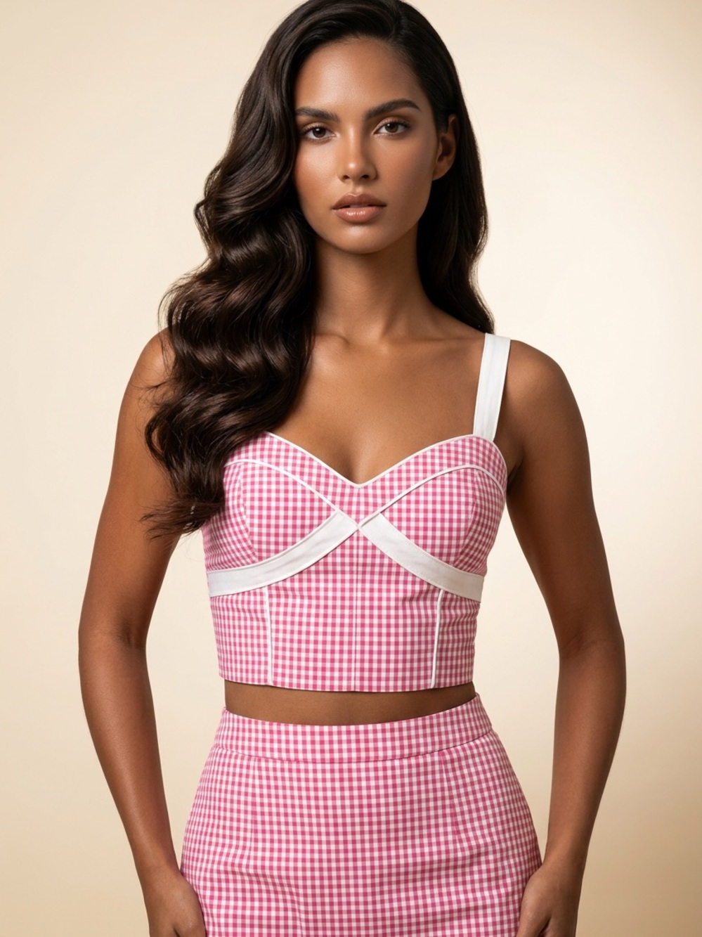 Y2K- Bebe Women’s Pink Gingham Cropped Tank with White Trim Sz S